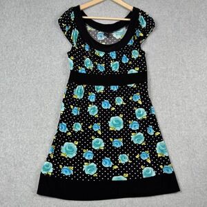 Wrapper Dress Womens M Black Blue Floral Polka Dot Cap Sleeve Babydoll Y2K Retro
